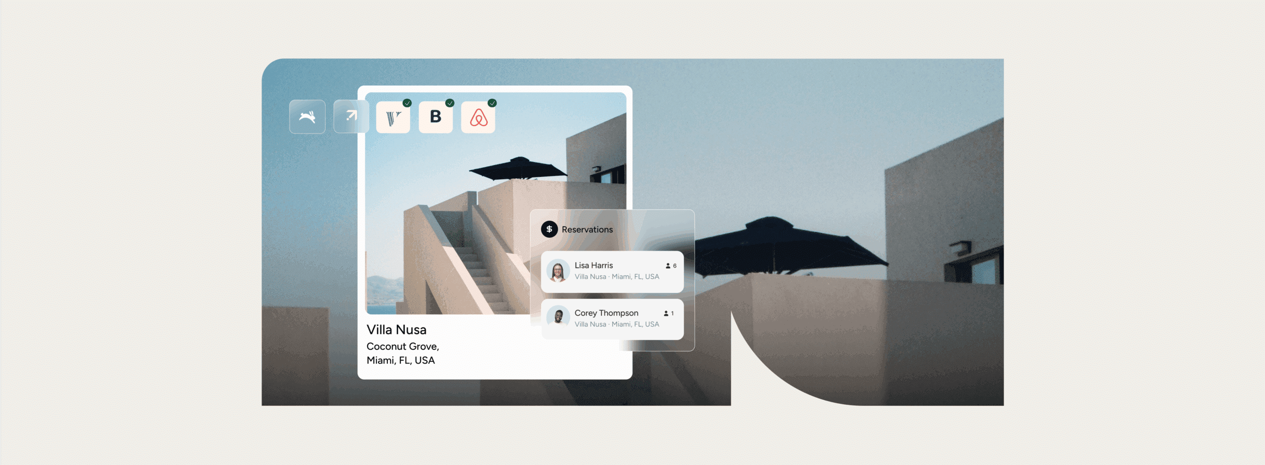 Short-term rental management software dashboard showing Villa Nusa property in Miami with guest reservations from multiple booking platforms including Airbnb, displaying unified inbox for vacation rental communication