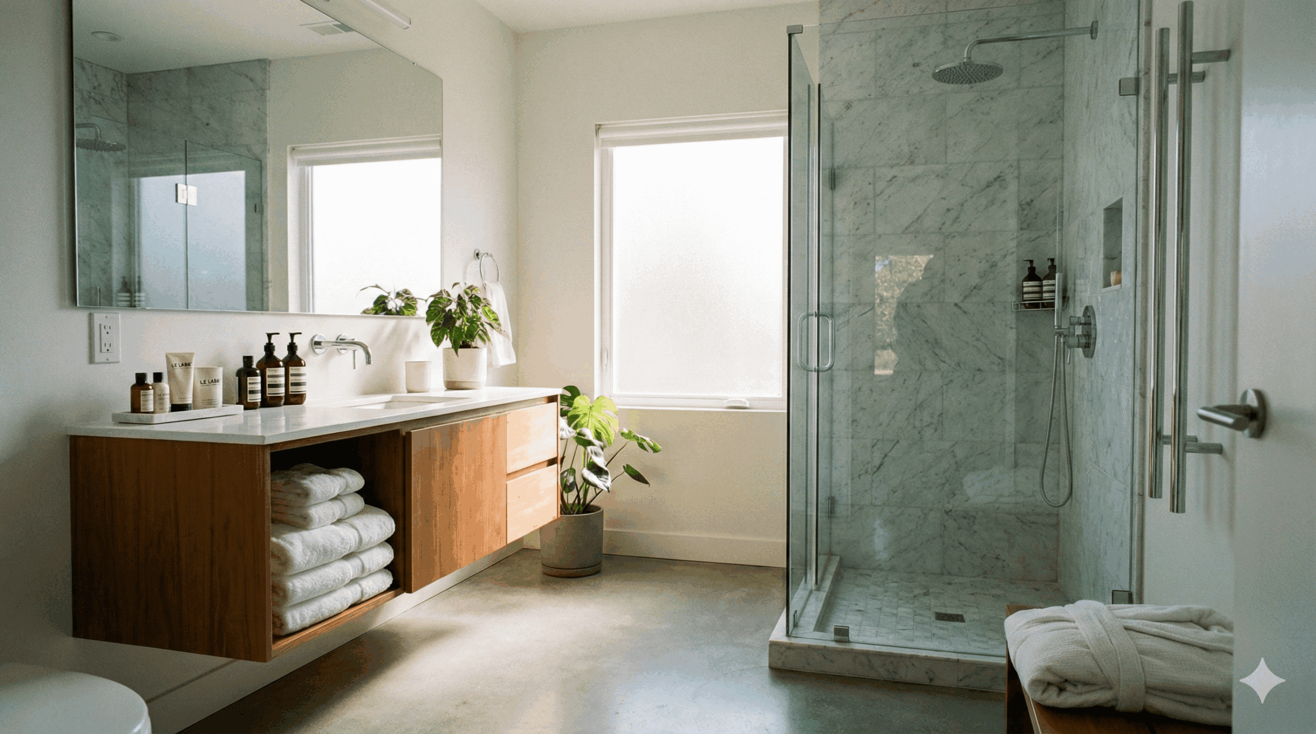 A sparkling clean modern Airbnb bathroom with fresh towels and toiletries, illustrating what a cleaning fee covers