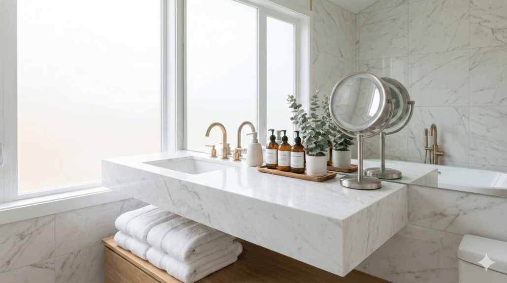 Modern marble bathroom vanity featuring gold faucets, a wooden tray with amber toiletry bottles, eucalyptus greenery, and a silver magnifying mirror.