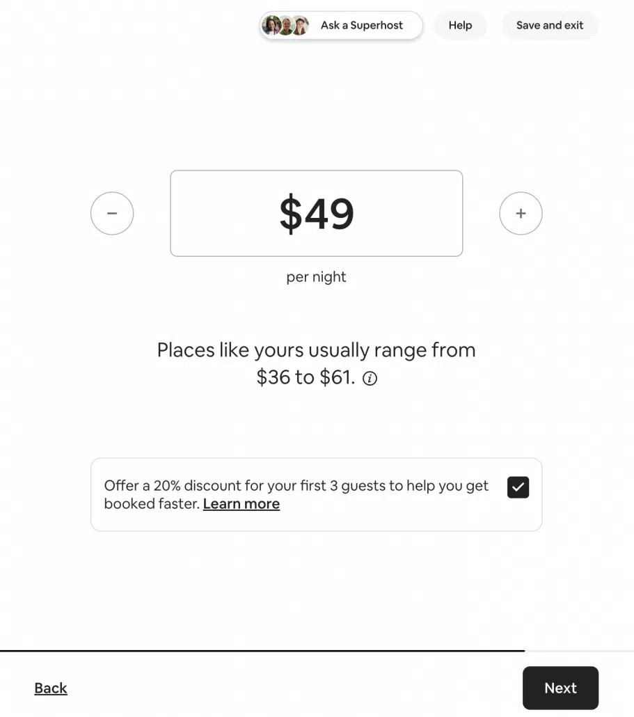 Airbnb listing pricing page offering smart pricing and a discount to first three guests