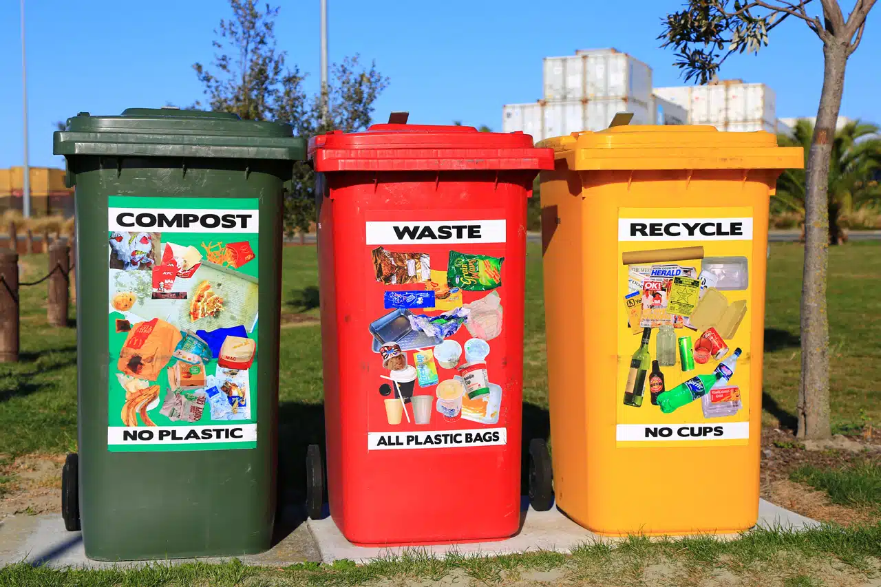 Clearly labeled recycling bins showing what waste goes where.