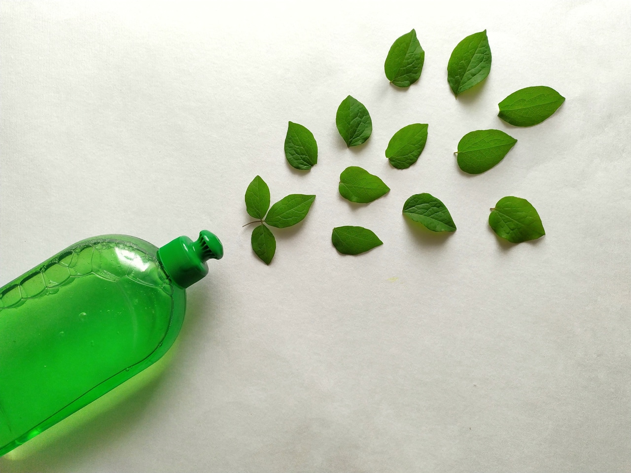 Eco-friendly cleaning product with green leaves coming out the bottle