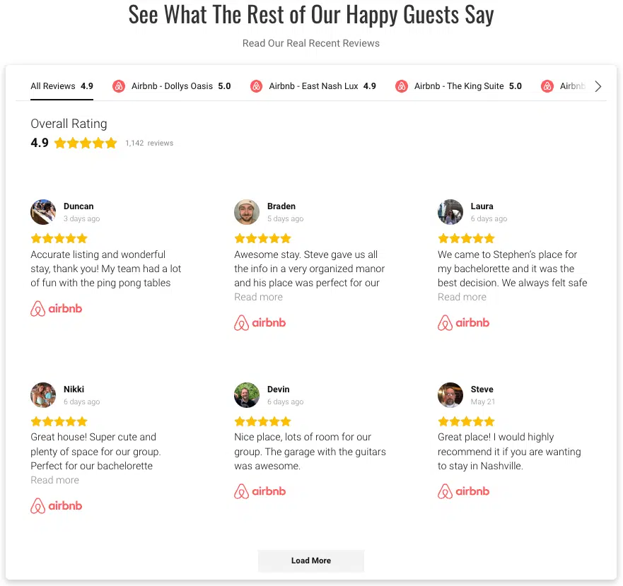 a series of positive Airbnb reviews from guests
