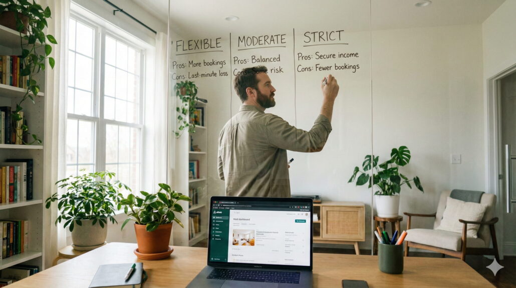 An Airbnb host brainstorming the pros and cons of Flexible, Moderate, and Strict cancellation policies on a glass planner.