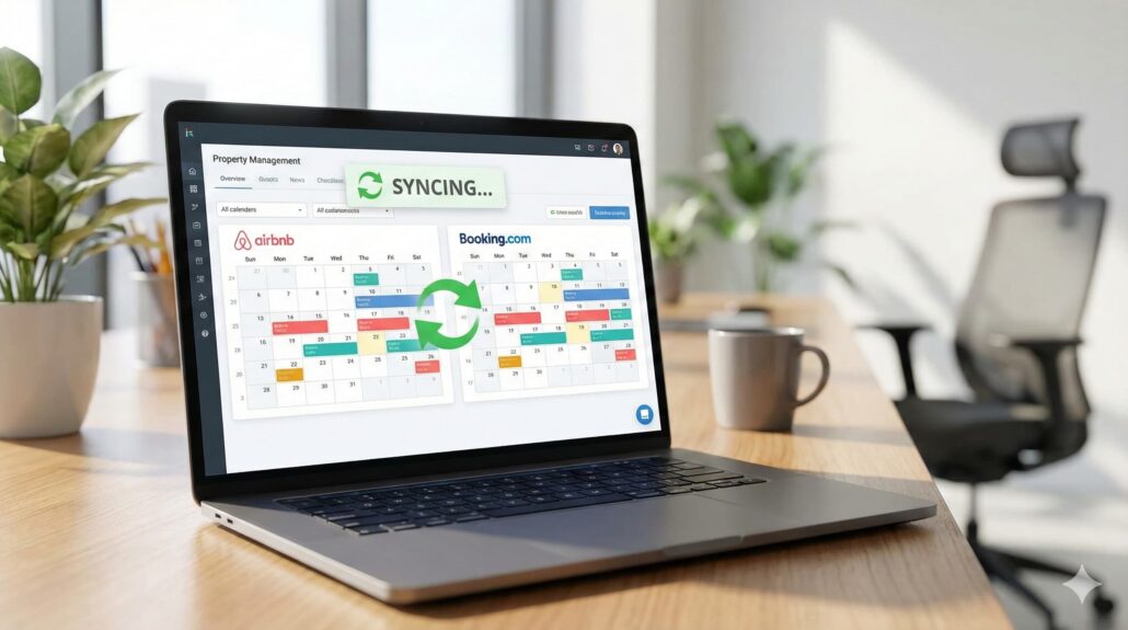 A modern home office desk with a laptop showing Airbnb and Booking.com calendars syncing.