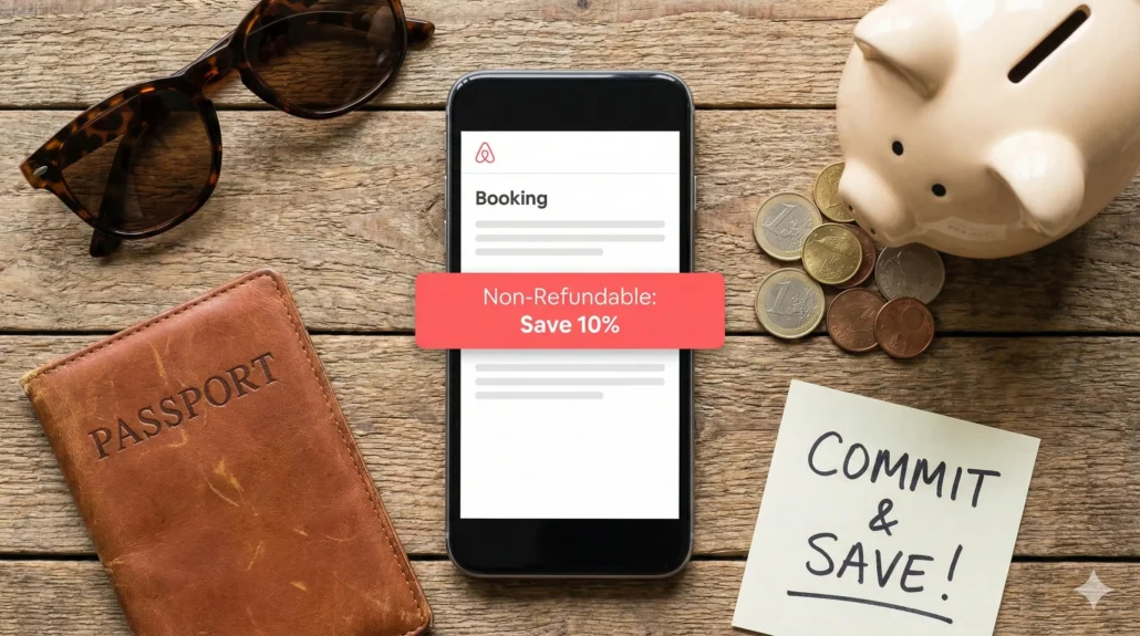 A smartphone showing a non-refundable Airbnb booking option surrounded by travel items and savings.