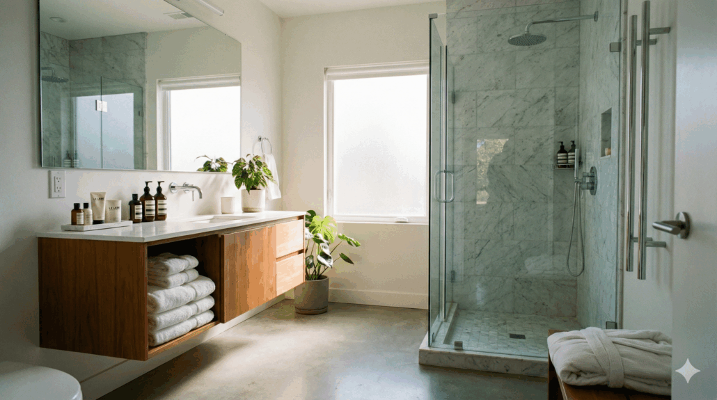 A sparkling clean modern Airbnb bathroom with fresh towels and toiletries, illustrating what a cleaning fee covers