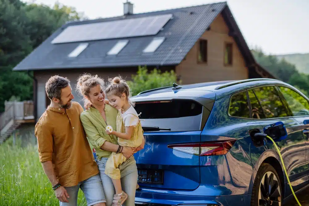 family next to eco friendly car