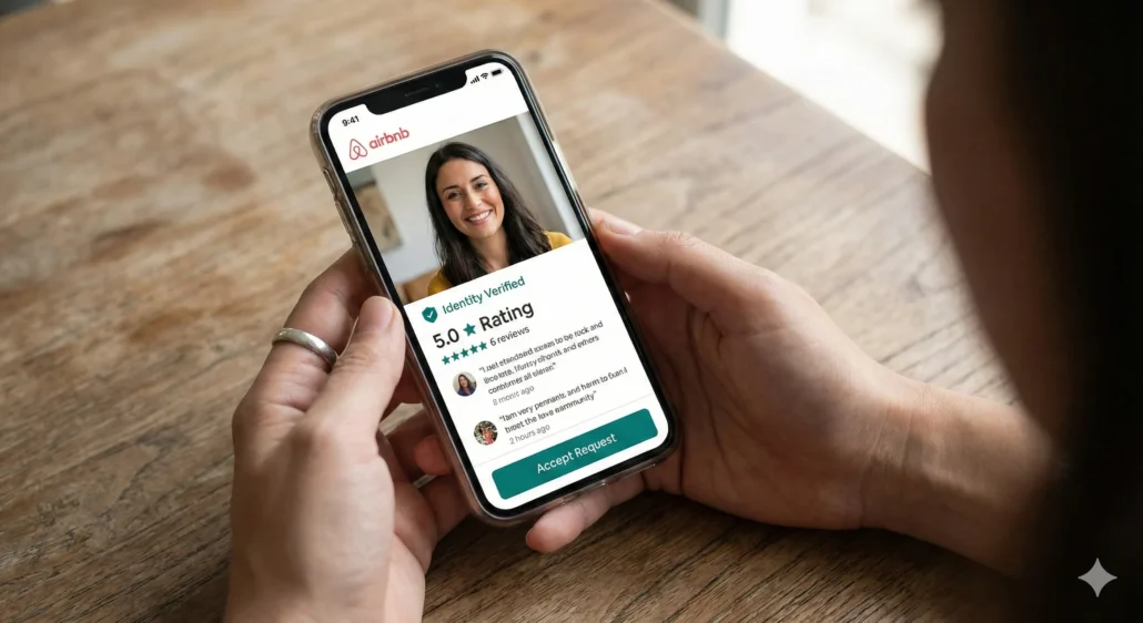 Close-up of hands holding a smartphone displaying a verified Airbnb guest profile with positive reviews.