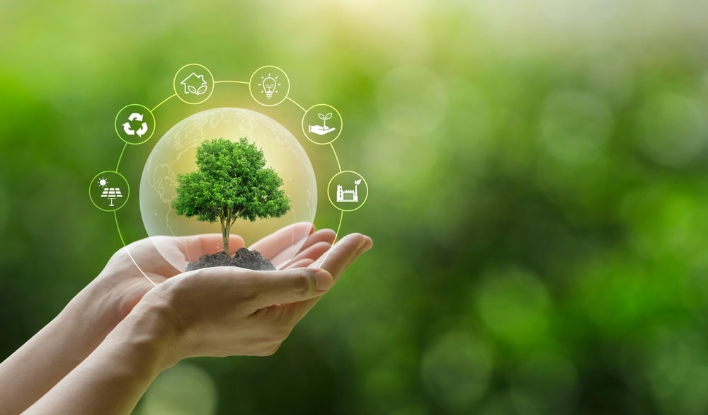 Hands holding a globe with a tree and sustainability icons