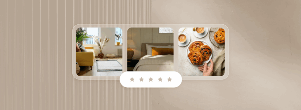 A horizontal banner collage featuring a sunny living room, a cozy bedroom, and pastries, with a five-star rating icon below.