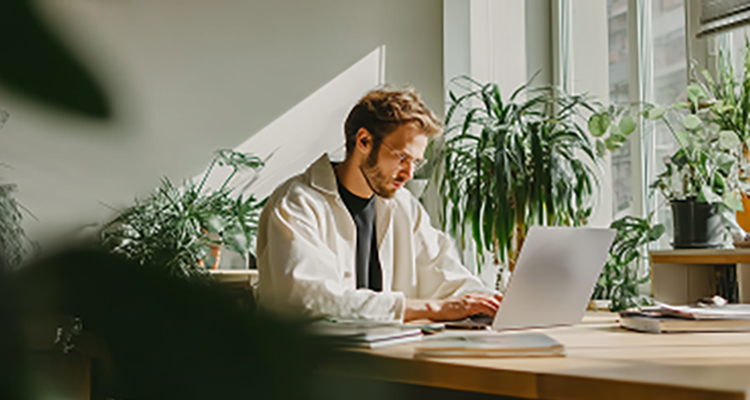 A man with glasses sits at a desk and works on a laptop, surrounded by potted plants.