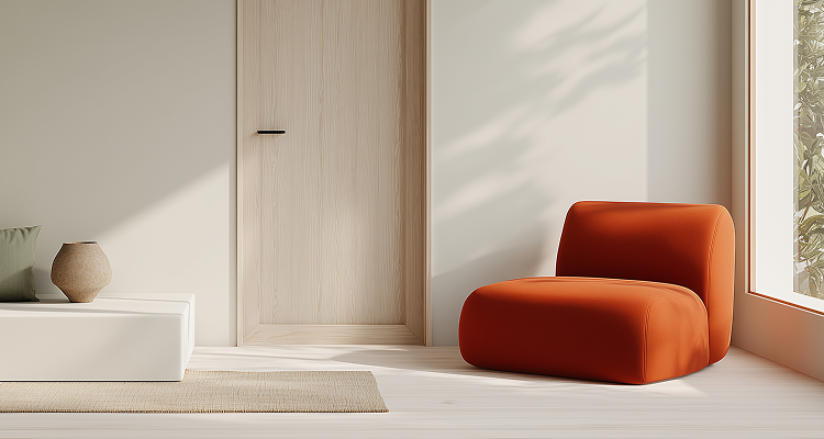 Minimalist interior with a bright orange, low-profile armchair next to a light wood door, sunlit window, and white furniture.
