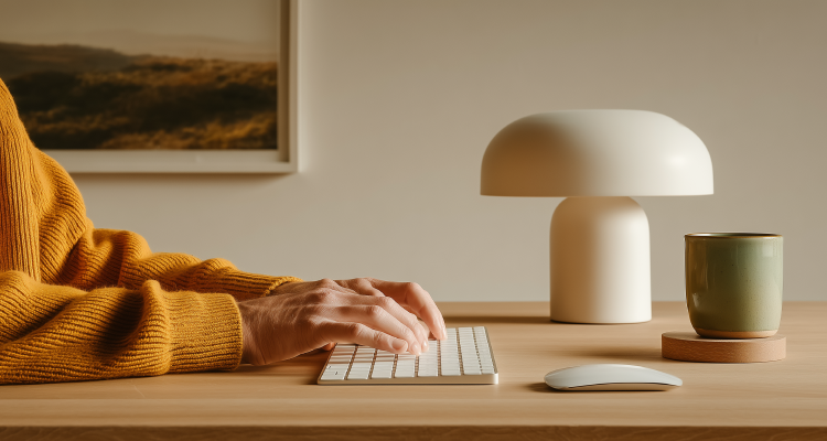 Close-up of hands wearing a mustard sweater typing on a white keyboard next to a mushroom lamp and a green mug on a wooden desk.
