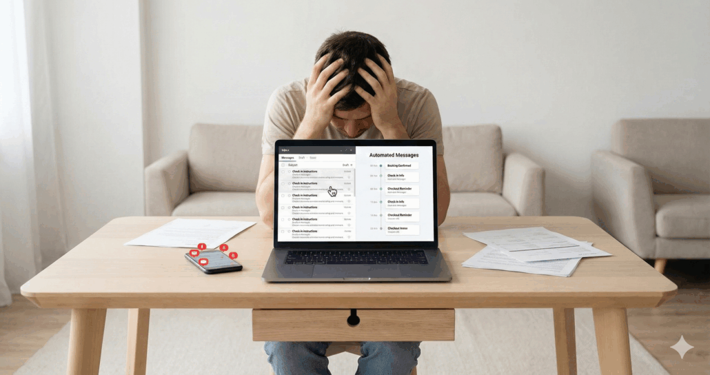 A stressed host viewing automated messages on a laptop
