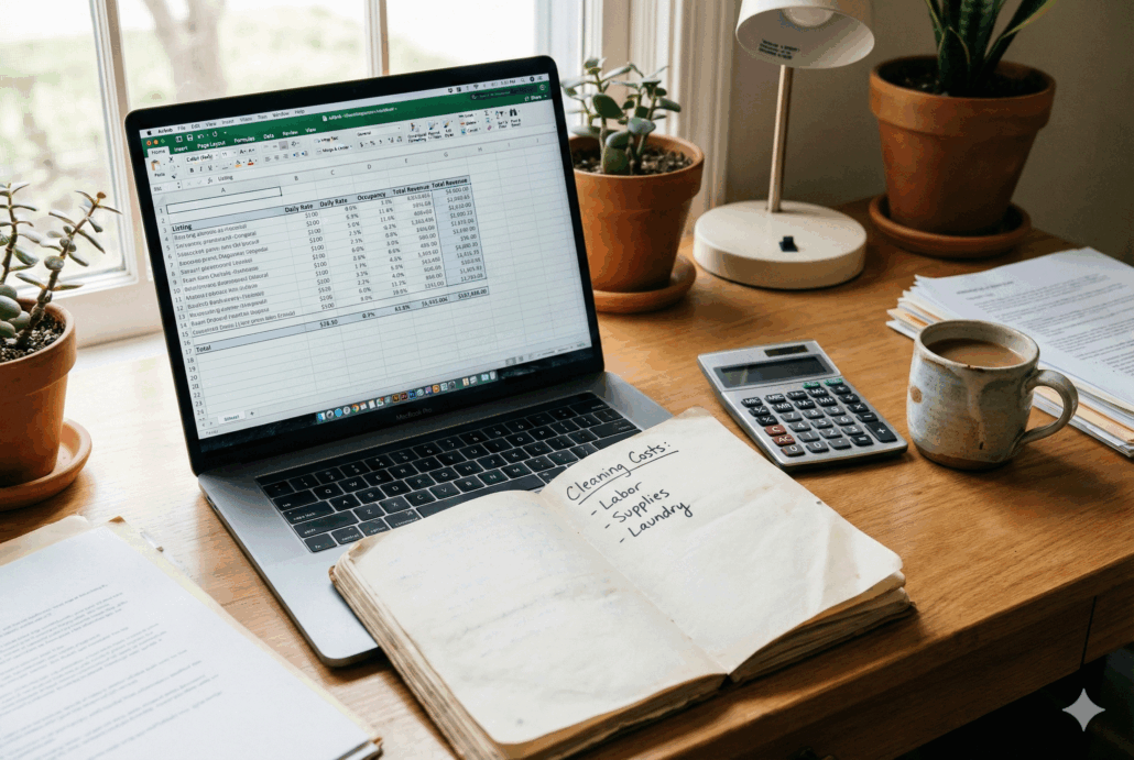 A desk with a laptop and notebook showing calculations for Airbnb cleaning costs and competitor benchmarking.